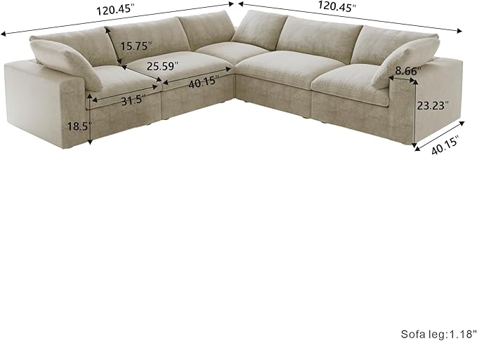 WJShome Cloud Modular Sectional Sofa,160.6" Down Filled 5 Seater Couch,V Shaped Oversized Convertible Sectional Sofa for Living Room,Covers Removable & Washable, Khaki