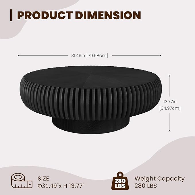 Round Drum Coffee Table for Living Room, Mid Century Modern Coffee Table with Sturdy Pedestal, Farmhouse Fluted Circle Center Table Accent Tea Table for Apartment (31.5" Black)