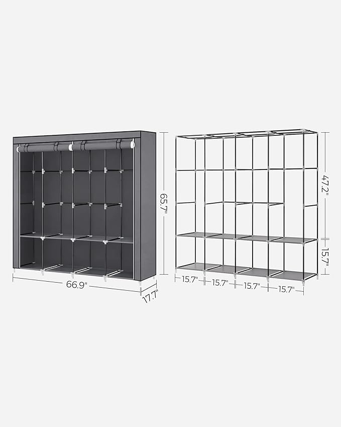 SONGMICS Portable Closet, Wardrobe Closet Organizer with Cover, 4 Hanging Rods and Shelves, 4 Side Pockets, 66.9 x 17.7 x 65.7 Inches, Large Capacity for Bedroom, Living Room, Gray URYG094G02