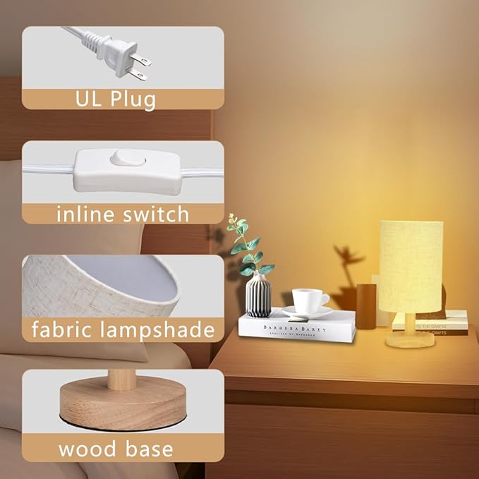 Small Table Lamp for Bedroom - Bedside Lamps for Night Stands, Minimalist Nightstand Light Lamp, Desk Lamps for Living Room, Office, Dorm(Wood Base, 10" Inline Control)