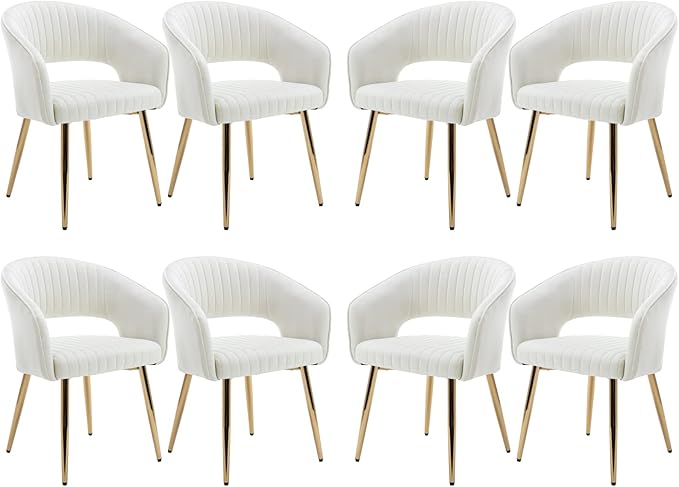 Modern Velvet Dining Chairs Set of 8, Upholstered Gold Dining Room Chairs with Hollow Back, Accent Armrest Kitchen Chairs with Gold Legs for Living Room Reception Beige