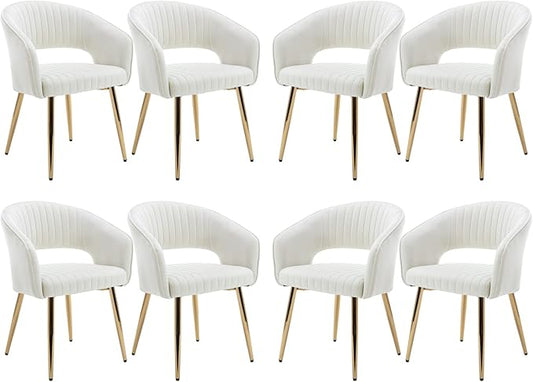 Modern Velvet Dining Chairs Set of 8, Upholstered Gold Dining Room Chairs with Hollow Back, Accent Armrest Kitchen Chairs with Gold Legs for Living Room Reception Beige