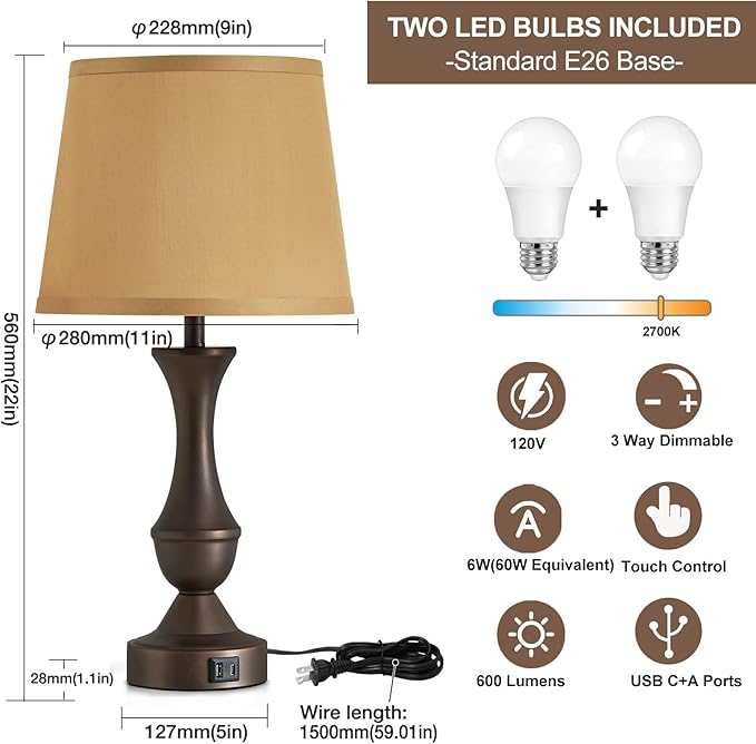 Luvkczc 22" Table Lamp Set of 2 - Farmhouse Vintage Brown Bedside Lamp with Brown Fabric Shade, Dimmable, USB C+A Ports, Nightstand Lamp for Living Room Bedroom (Bulb Included)