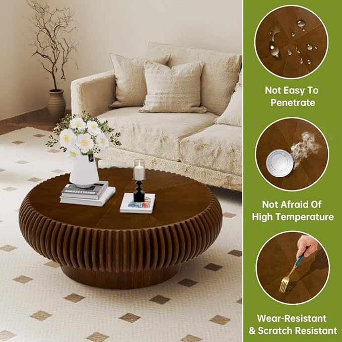 Brown Round Coffee Table for Living Room Round Fluted Drum Coffee Table Modern Walnut Fluted Coffee Tables for Living Room (Walnut, 31.4 inch)