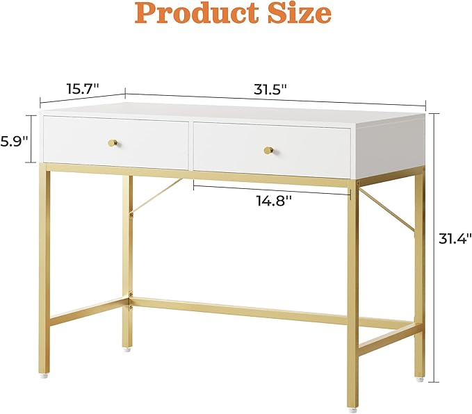 SUPERJARE 31.5" White and Gold Desk with 2 Drawers, Modern Vanity Desk, Small Makeup Table for Home Office Writing Study Bedroom