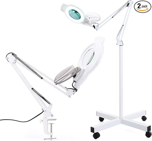 KIRKAS 10X Magniyfing Floor Lamp with 4 Wheel Rolling Base for Estheticians 2,200 Lumens LED Magnifier Lighted Glass Lens, Adjustable Stand & Swivel Arm Floor Lamp for Reading, Crafts, Tasks-White