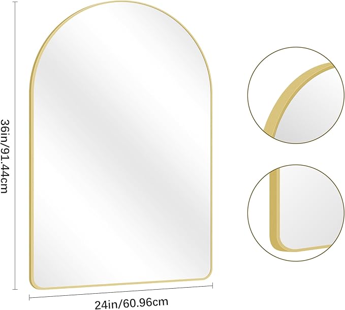 Arched Bathroom Mirror, 24"x36" Gold Arched Mirror for Bathroom, Wall Mounted Mirror, Gold Vanity Wall Mirror w/Metal Frame for Bedroom, Entryway, Living Room, Vertically Hanging