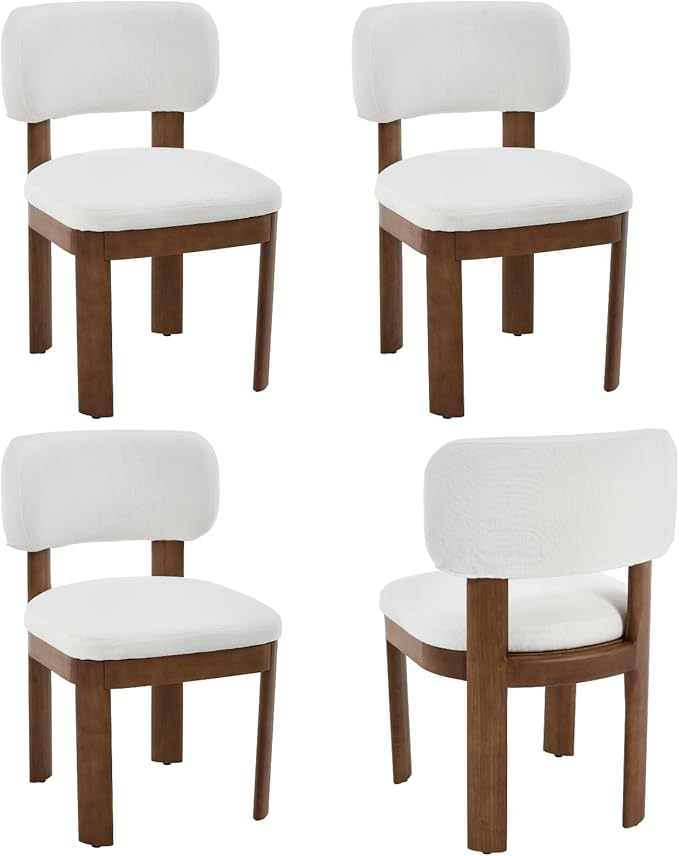 Beige Dining Chairs Set of 4 Mid Century Modern Upholstered Dining Room Chairs with Curved Backrest and Wooden Legs for Kitchen Island, Dining Room