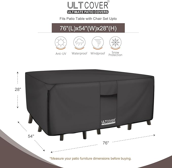 ULTCOVER 600D Tough Canvas Heavy Duty Rectangular Patio Table and Chair Cover - Waterproof Outdoor General Purpose Furniture Covers 76Lx54Wx28H inch, Black