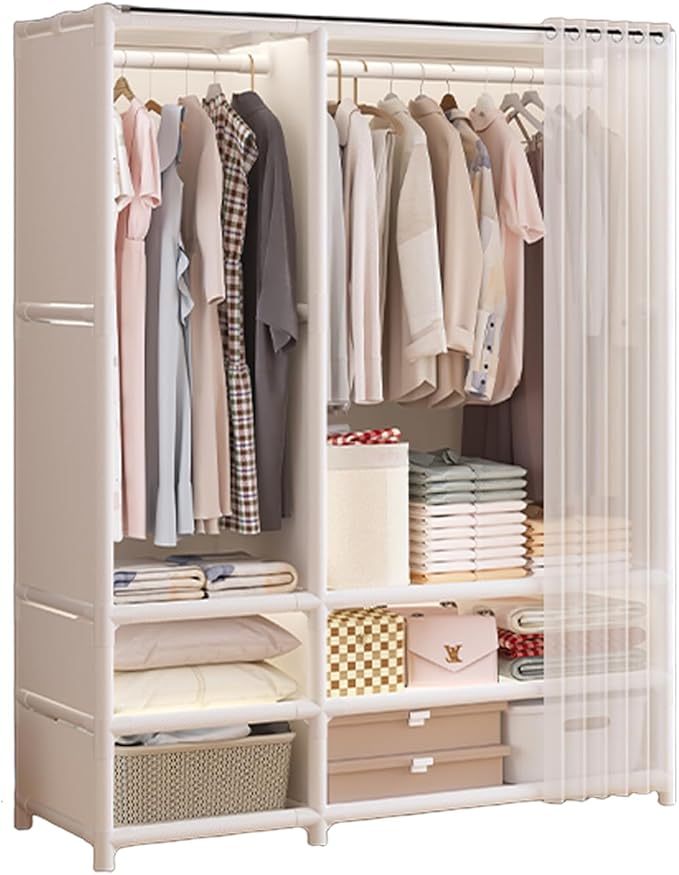 Portable Closet,Portable Closets for Hanging Clothes,Japanese Style Garment Rack with 2 Hanging Rods,6 Storage Shelves,43.3" L x 17.7" W x 65.1" H,White