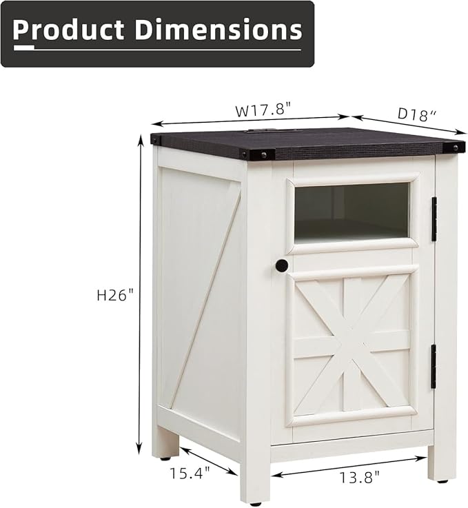ACCOHOHO Farmhouse End Table with Charging Station,18'' Sofa Side Table,Nightstand with Barn Door,Bedside Table with Adjustable Shelf for Living Room, Bedroom, Office (White)