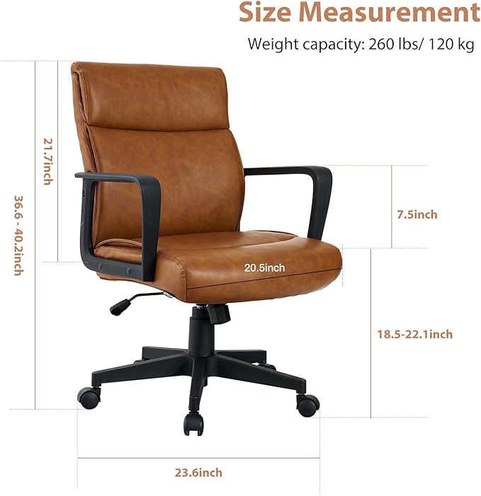 Artswish Leather Office Chair Brown Desk Chair with Wheels Arms, Mid Back Leather Executive Computer Chair Mid Century Chairs for Home Office