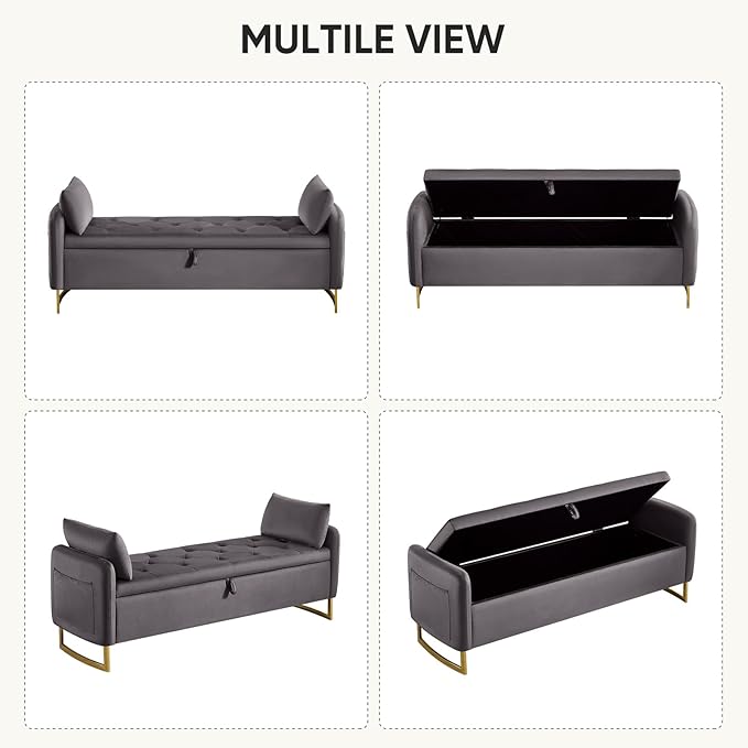 65" Storage Ottoman Bench, End of Bed Storage Bench King Size with Tufted Button Upholstered and Gold Legs, Bedroom Benches with Armrests for Living Room Window and Entryway, Dark Grey