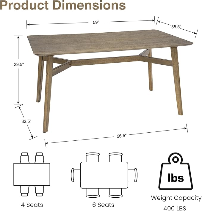 DUOMAY Modern Wooden Dining Table for 4-6 People, 59" Large Rectangular Dinner Table with Wood Legs for Home Dining Room Restaurant Farmhouse Kitchen, Grey