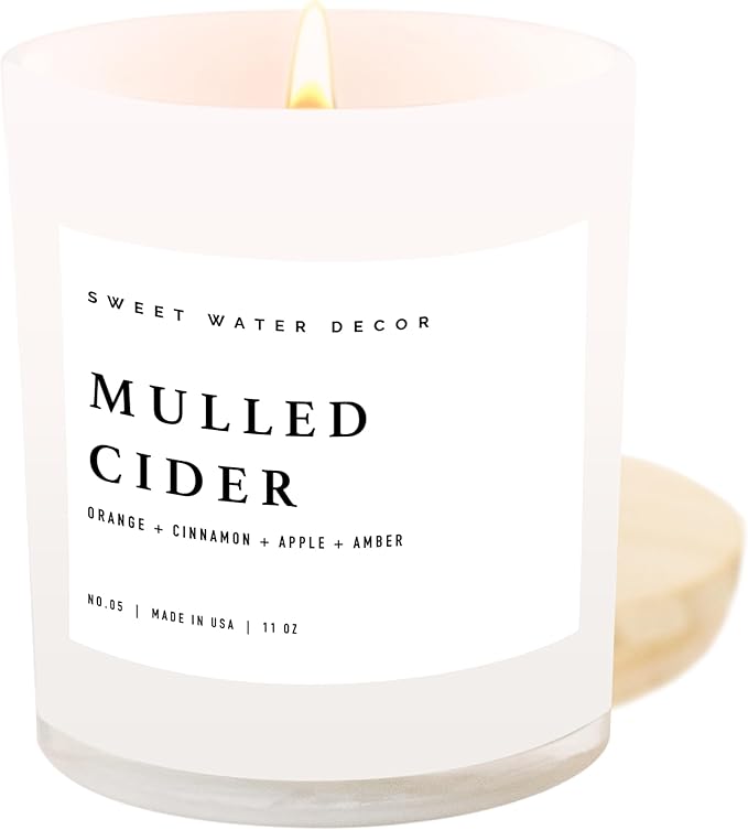 Sweet Water Decor Mulled Cider Soy Candle | Orange | Lemon | Cinnamon | Cranberry | Apple | Cedar | Amber Scented Candle for Home | 11oz White Jar Candle, 50+ Hour Burn Time, Made in The USA
