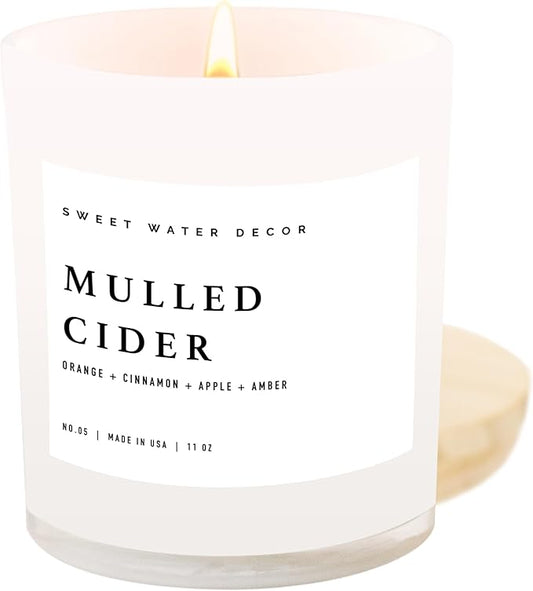 Sweet Water Decor Mulled Cider Soy Candle | Orange | Lemon | Cinnamon | Cranberry | Apple | Cedar | Amber Scented Candle for Home | 11oz White Jar Candle, 50+ Hour Burn Time, Made in The USA