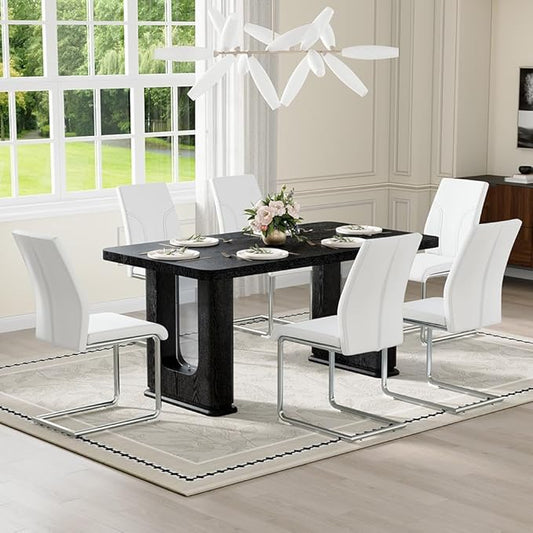 64.5" Black Dining Table Set for 6, Modern Kitchen Table and Chairs Set with PU Leather Cushioned Chairs & Decorative Pedestal Base, 7 Piece Wood Grain Dining Table Set for Dining Room or Kitchen