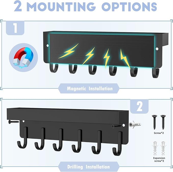 kuaima Magnetic Key Holder, Small Wall Mount Key Rack with Shelf for Fridge, 6 Metal Hooks, 9.65 Inch, 2 Installation Options, Black