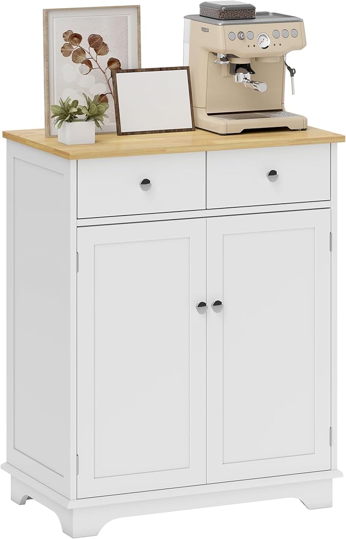 HOMCOM Sideboard Buffet Cabinet with Solid Wood Countertop, Modern Kitchen Storage Cabinet, Coffee Bar Cabinet with 2 Drawers, Doors and Adjustable Shelf, White