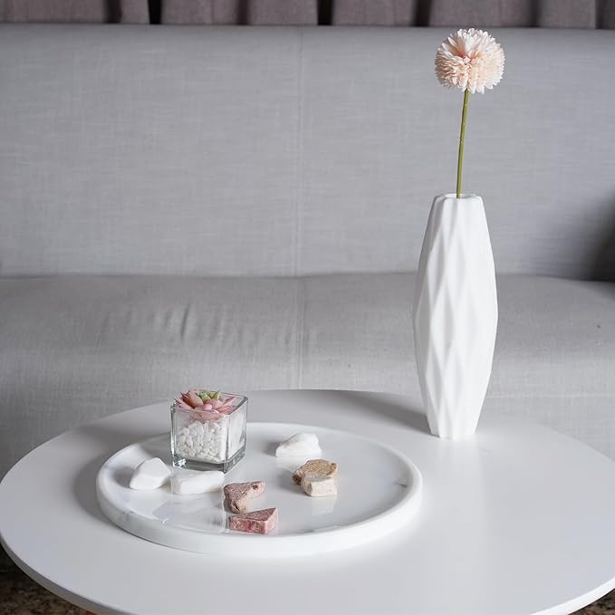 Marble Tray, White Bathroom Countertop, Decorative Serving Tray for Kitchen Counter and Coffee Table, Round Vanity Trays for Skincare and Perfume, Italian Statuario Natural Marble, 11.8