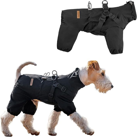 Dog Raincoat with Harness for Small and Medium Dogs, Adjustable Waterproof Dog Rain Jacket,Reflective Rainproof Puppy 4 Legs Raincoat-Black,L