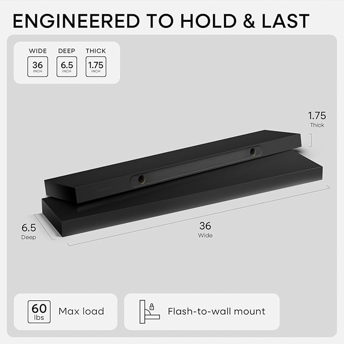 Homeforia Black Floating Shelves 36 inches Long, High End Solid Real Wood 36 inch Floating Shelf for Wall Mounted, Black Wooden 36in Floating Shelves, Heavy Duty Bracket, 36 X 6.5 X 1.75 in, Set of 4
