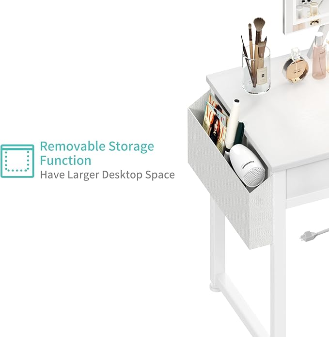 Lufeiya Small Makeup Vanity Desk with Fabric Drawers, 32 inch White Vanity Desks with Mirror and Light, Dressing Table and Chair Set with Power Outlet for Girls Bedroom, White