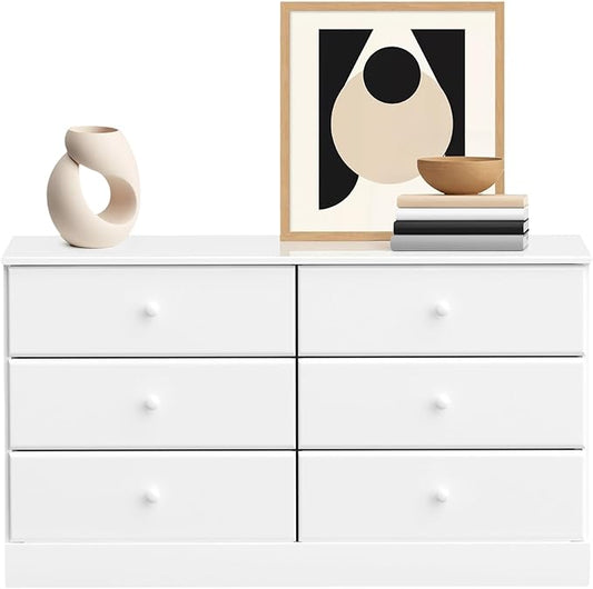 Prepac Astrid 6 Drawer Double Dresser for Bedroom, Wide Chest of Drawers, Bedroom Furniture, Clothes Storage and Organizer, 15.5" D x 47.5" W x 26.85" H, White