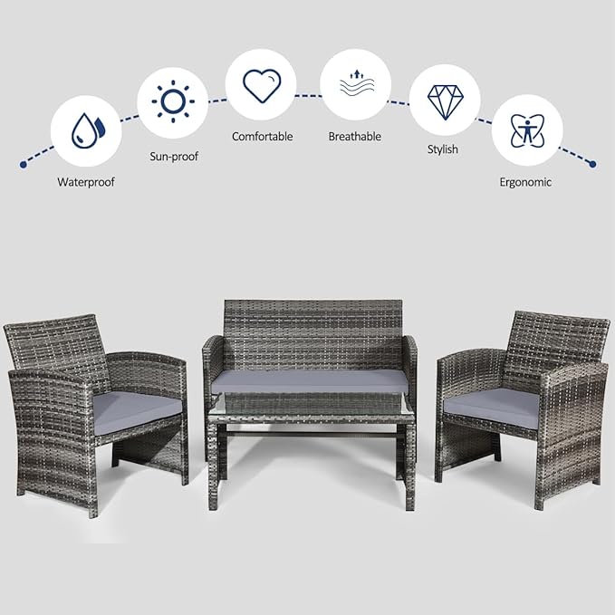 Tangkula 8 Pieces Patio Wicker Conversation Furniture Set, Patiojoy Sofa & Table Set w/4 Seats, Outdoor Rattan Sofa Set for Balcony Backyard, Wicker Chair Set with Tempered Glass Coffee Table