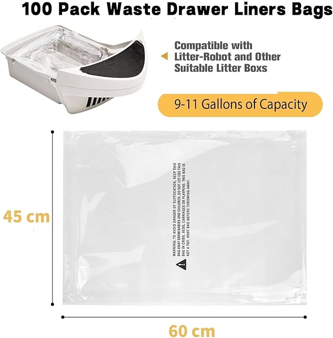 100 Count Waste Drawer Liners Bags Compatible with Litter R-obot 4 Waste Bags Cat Robot Litter Bags for most Litter Box Robot Models, 9-11 Gallons Litter Box Liners