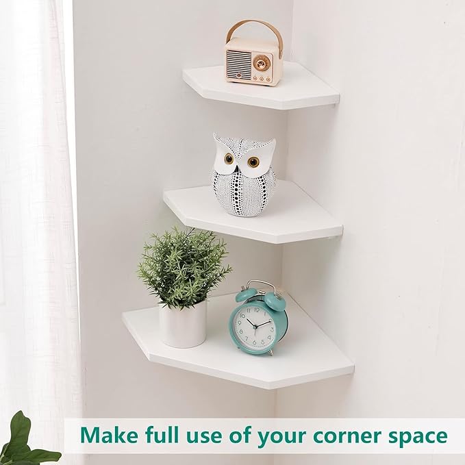 Corner Wall Shelves, Corner Floating Shelves Set of 2 Solid Oak Wood Display Shelf with Wire Hole Small Plant for Kitchen Living Room White,Oak 13.2inch