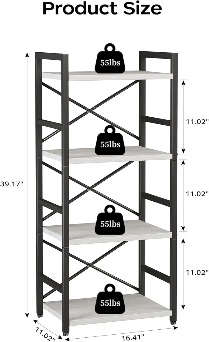 Homeiju 4 Tier Small White Metal Bookcase for CD/Movie/Book, Book Shelf Organization and Storage for Living Room, Kid's Room, and Home Furniture - 1018WH