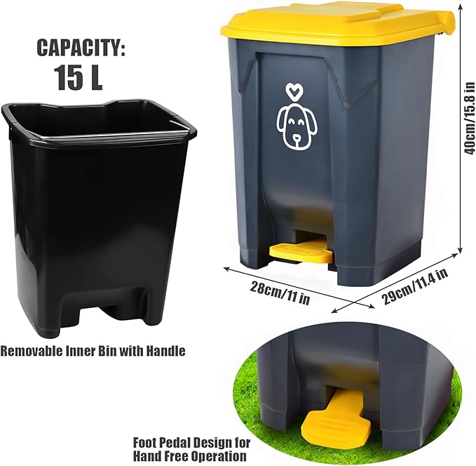 Outdoors Dog Poop Trash Can with Lid & 290PCS Waste Bags, Cute Dog Waste Trash Can for Yard, Home, Garden, Kitchen, 15 Litre Removable Inner Bin, Plastic Gray & Yellow