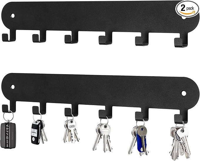 2 Pack Key Holder for Wall,Key Hooks,Key Holder Wall Mount Self Adhesive, Key Rack Wall Mount for Wall No Drill for Living Room, Kitchen, Bathroom, Garage (Black, 6 Hooks)