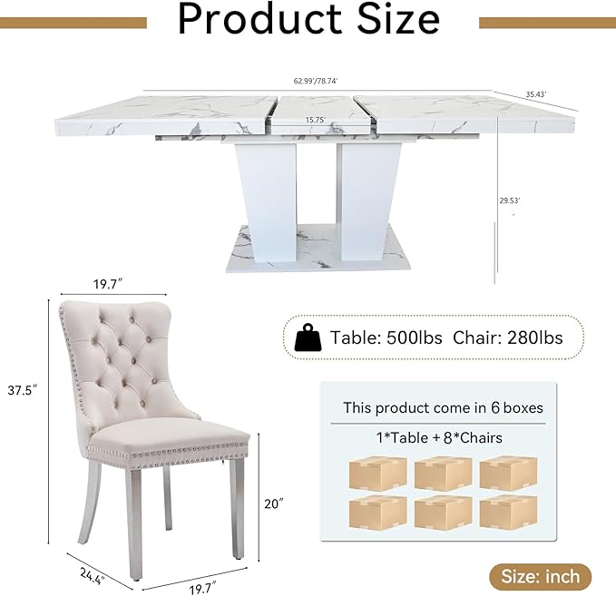 9-Piece Extendable Dining Table Set for 6-8 People 63-78 Inch Kitchen Table Set with 8 Beige Upholstered Chairs Modern White Faux Marble Rectangular Dining Room Table Set for Kitchen Apartment