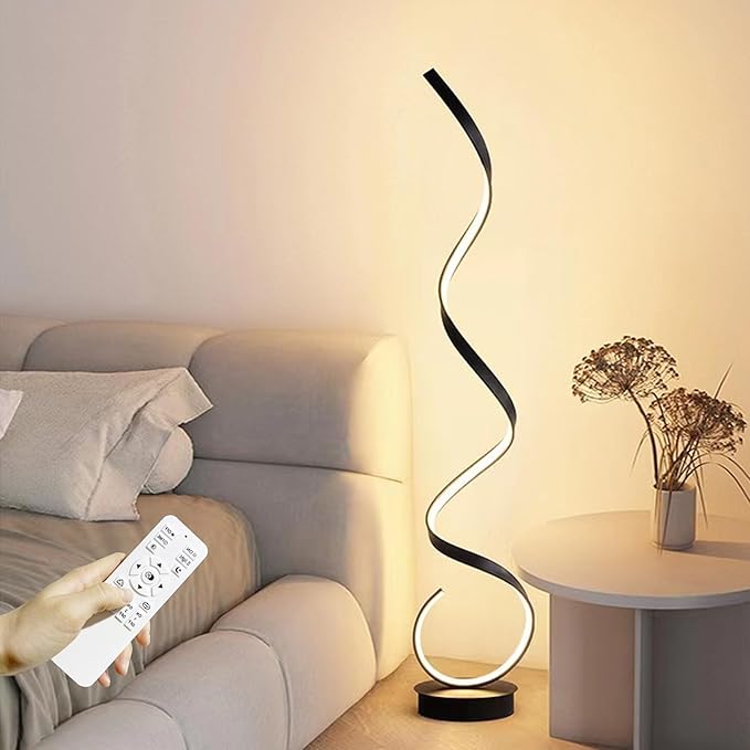 Spiral Floor lamp, 57 "48W Unique Modern LED Floor Light, 3 Color dimmable Remote Control Corner lamp Standing Light, Suitable for The Living Room Bedroom Reading Decorative Floor lamp（Black）
