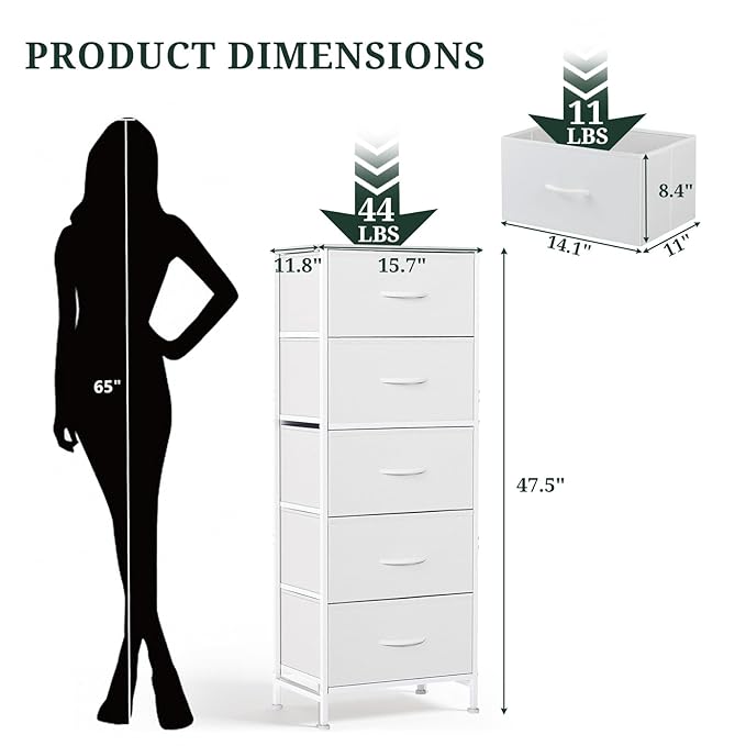 Nightstand, 5 Drawer Dresser End Table Bedside Furniture with Wooden Top Steel Frame Fabric Bins for Bedroom, Closet, Entryway, Dorm, Living Room, White