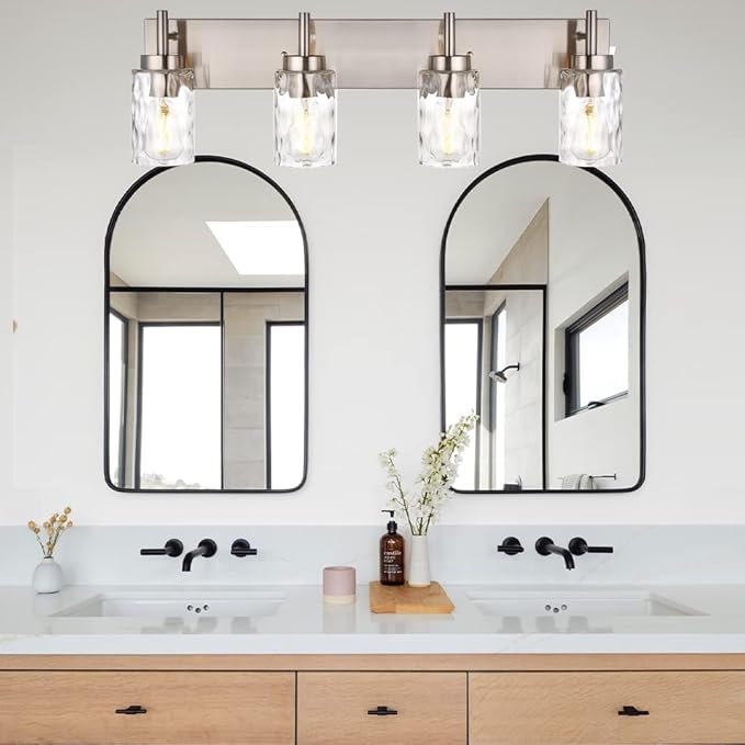 BONLICHT Bathroom Vanity Light Fixtures Brushed Nickel 4-Light with Clear Water Glass Shade Contemporary Wall Sconces Farmhouse Bathroom Lighting Wall Mount Lamp for Living Room Bedroom Bar Office