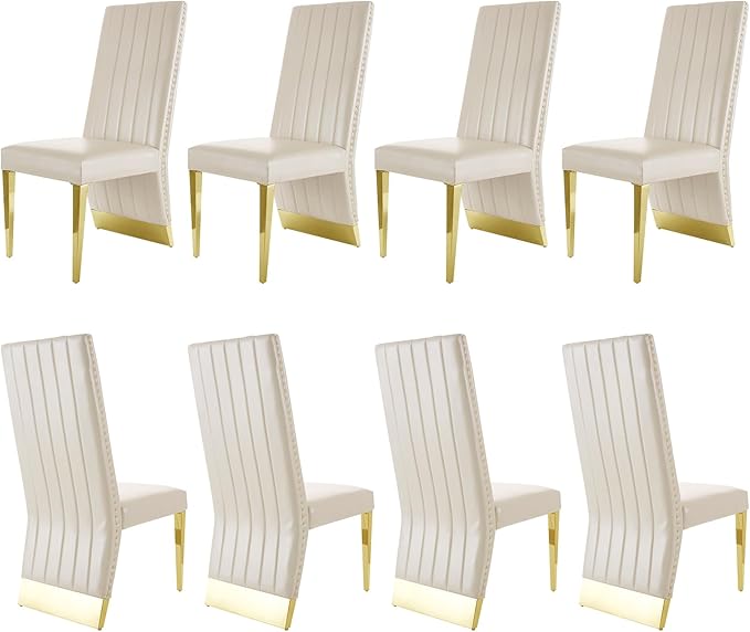 Dining Chairs, White Faux Leather Upholstered Dining Chair with Nailhead Trims, Gold Dining Room Chairs Set of 8