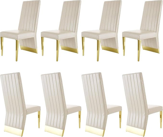 Dining Chairs, White Faux Leather Upholstered Dining Chair with Nailhead Trims, Gold Dining Room Chairs Set of 8