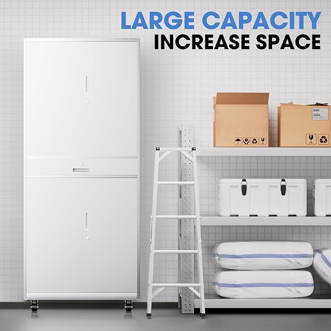 DNA Motoring 73'' Metal Storage Cabinet, Rolling Garage Cabinet with 1 Drawer and Adjustable Shelves, Lockable Heavy Duty Metal Locker for Garage,Office,Home,White, TOOLS-00630-WH-WH-A
