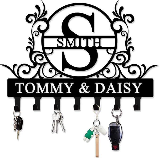 Personalized Metal Key Holder Wall Mount with Family Name Custom Key Hooks Wall Mounted Key Hooks Monogram Name Decor for Kitchen Entryway Hallway Office Doorway