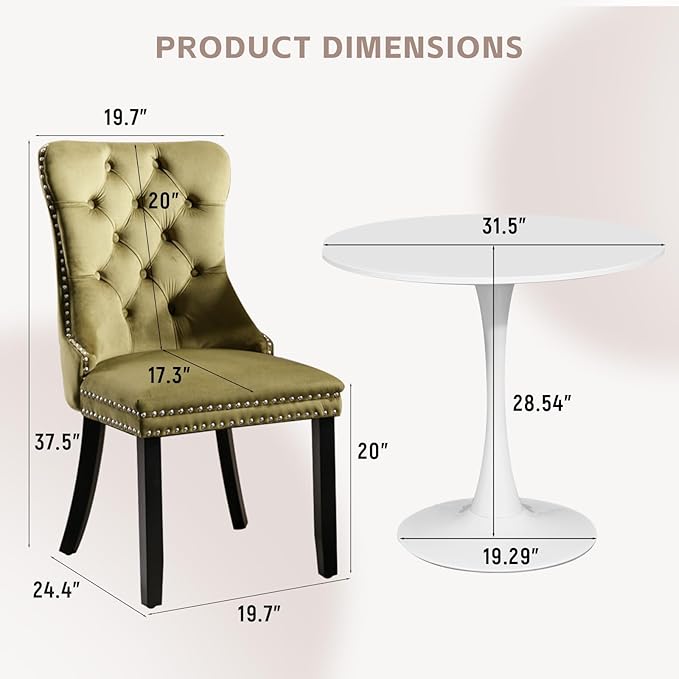SoarFlash Kitchen Table and Chairs for 2, 31.5" Dining Table Set for 2 with Velvet Upholstered Chairs, 3 Piece Round Kitchen Dining Room Table Set for Small Space, Apartment