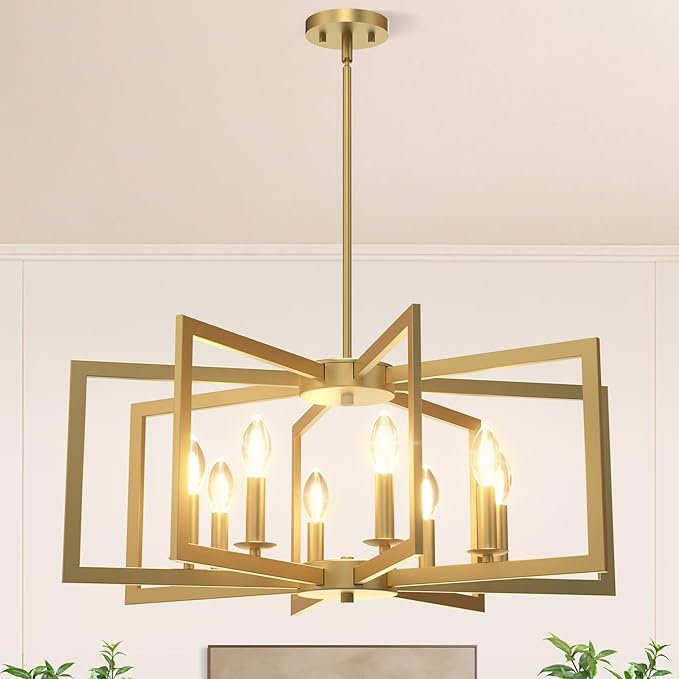 Modern Gold Chandelier, 8-Light Geometric Dining Room Light Fixture, Industrial Pendant Lights Kitchen Island, Hanging Metal Farmhouse Chandeliers for Dining Room Entryway Foyer Bedroom Kitchen ﻿