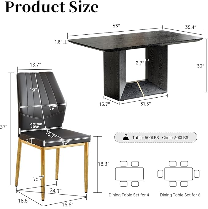 63" Modern Black Dining Table Set for 4 with Chairs, 5 Piece Rectangular Dining Room Table and 4 PU Leather Chairs, Kitchen Dining Set with Matte Wood Finish, Geometric Base, Easy Assembly