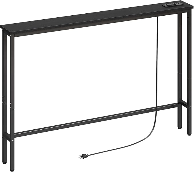 ELYKEN 47.2" Narrow Console Sofa Table with Power Outlet, 5.9'' Behind Couch Table with Charging Station, Long Entryway Tables for Living Room, Hallway, Black