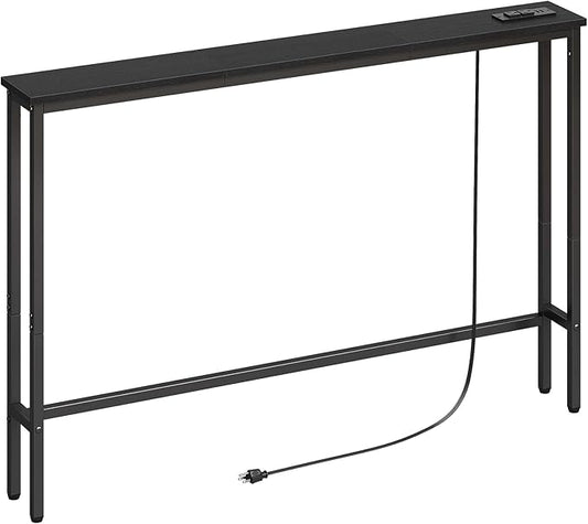 ELYKEN 47.2" Narrow Console Sofa Table with Power Outlet, 5.9'' Behind Couch Table with Charging Station, Long Entryway Tables for Living Room, Hallway, Black