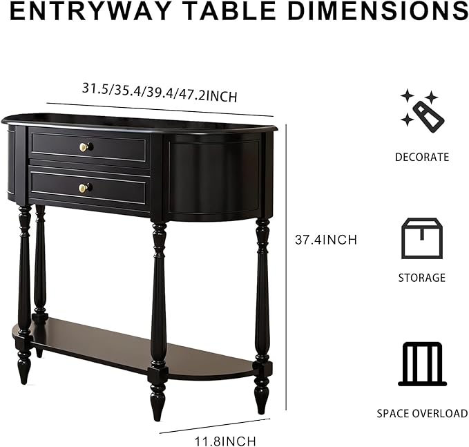 Solid Wood Panel Half Moon Table, Fitted with Leveling Legs, Black Console Table, Easy Installation, Entryway Table with Storage, Ideal for Entryways, Foyer, Corridor, Behind The Sofa