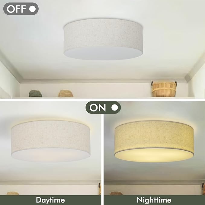 Flush Mount Ceiling Light,16''Modern Close to Ceiling Lamp with Double Linen Fabric Shade,3 Light Semi Flush Mount Ceiling Light Fixture,Farmhouse Drum Light Fixture for Bedroom Living Room