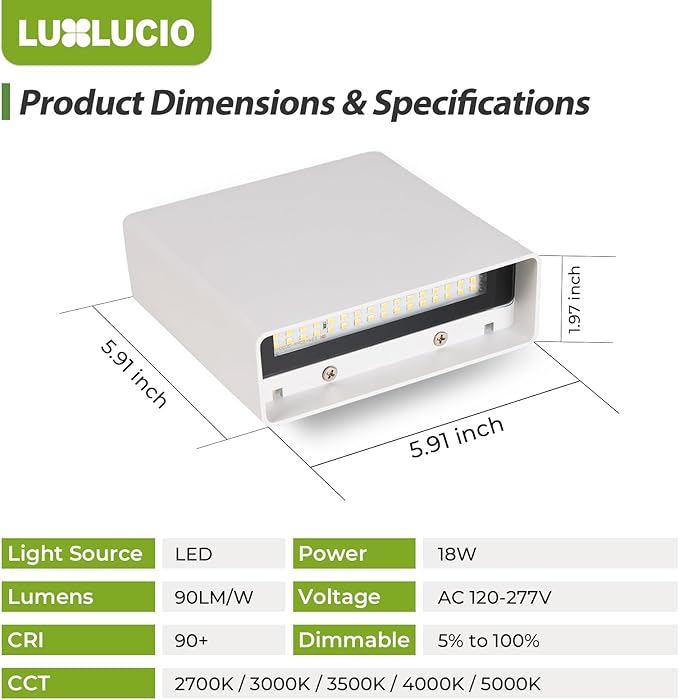 2Pack Indoor Outdoor Up and Down White LED Wall Light, Modern Porch/Bedroom Wall Lamp, IP65 Waterproof, 5%-100% Dimmable, 18W 5CCT (2700K-5000K), CRI90+, 120-277V, ETL FCC Certified